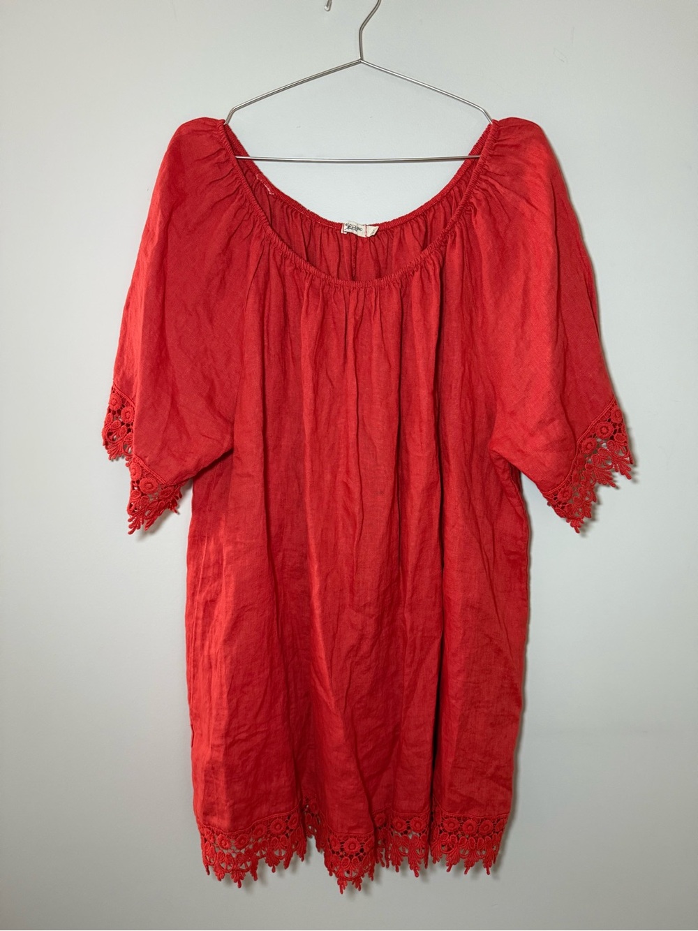 Lungo L'Arno 100% Linen Midi Dress Size 3X Red Made In Italy Flowy Lace Coastal